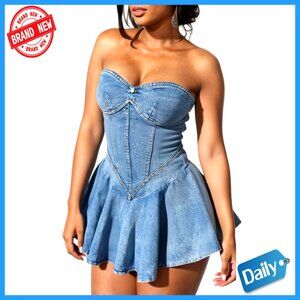 Strapless Denim Mini Dress Corset Tube Pleated A-Line Summer Clubwear